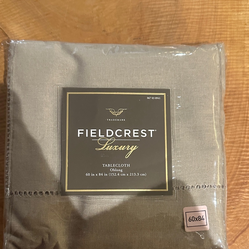 Fieldcrest Luxury Tablecloth hemstitch linen rayon NEW 60x84 neutral taupe color